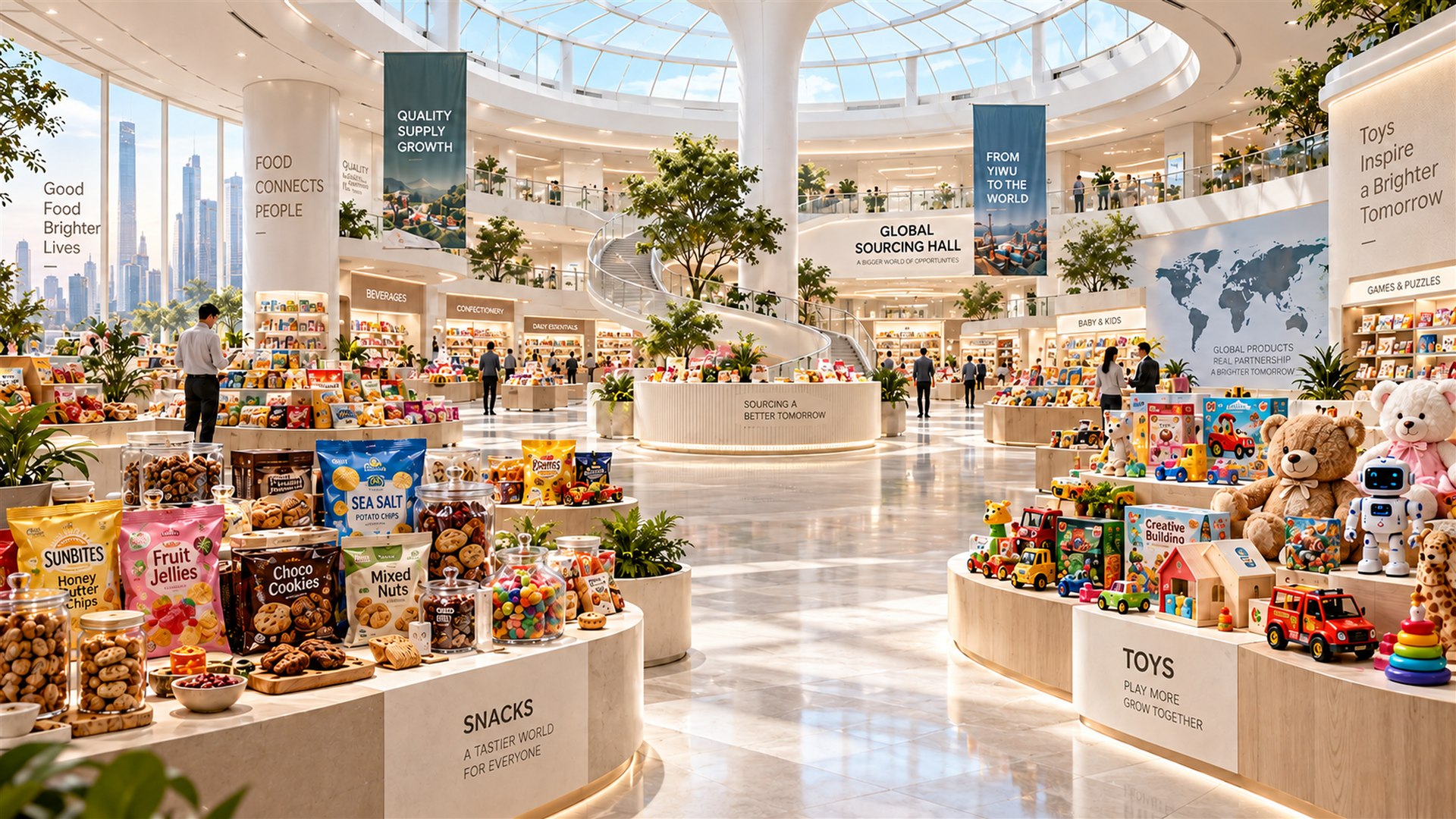 Snacks and toys in a bright global sourcing hall